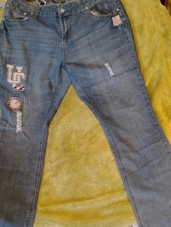 COOGI Denim - COOGI Women's Blue Straight Leg Jeans with Patch & Distress Details